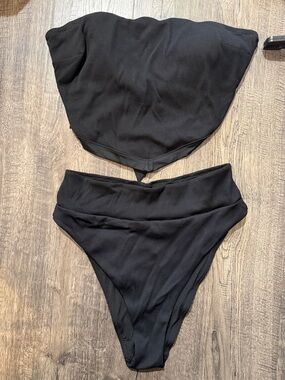 aerie Black Ribbed Strapless Bikini Set